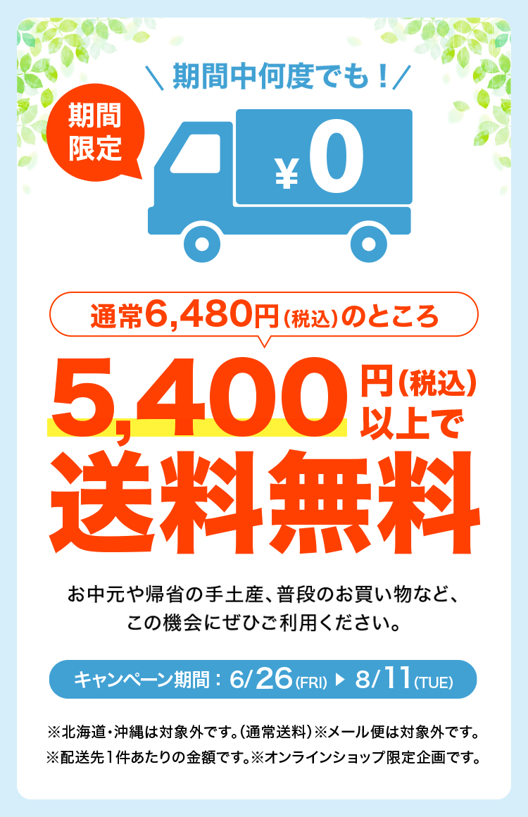 夏の贈り物に！送料無料条件拡大キャンペーンを開始いたします