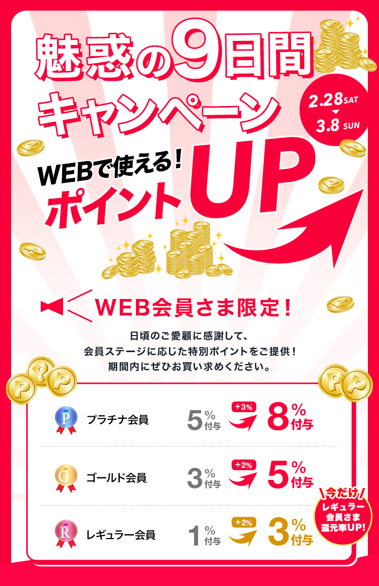 ポイント獲得のチャンス！魅惑の9日間ポイントアップキャンペーン、明日（2/28）より開催！
